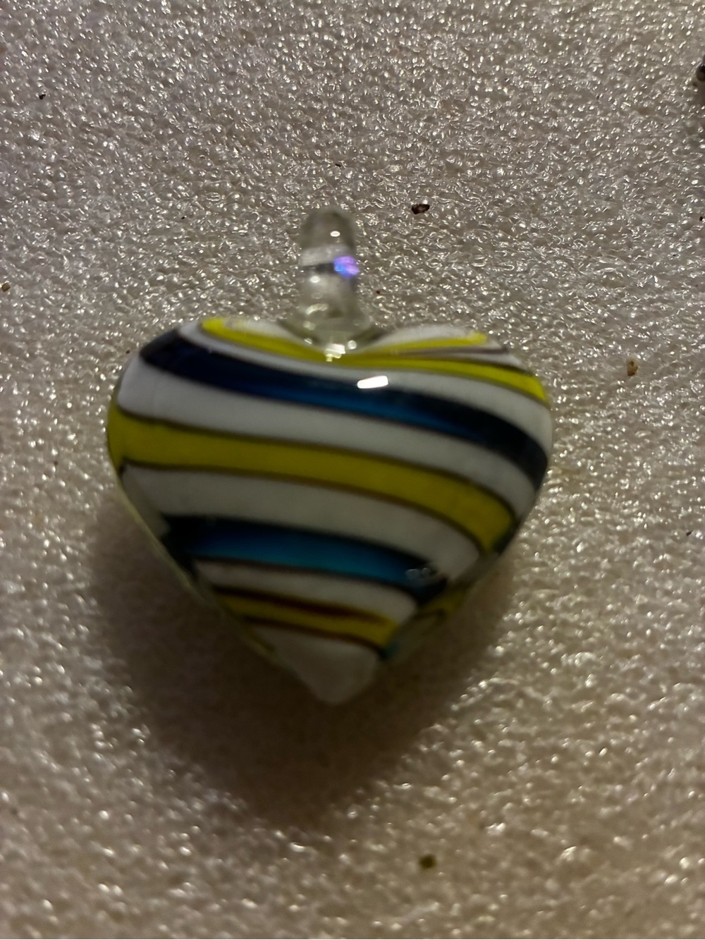 Handcrafted Striped Glass Heart Pendant in White, Yellow & Blue